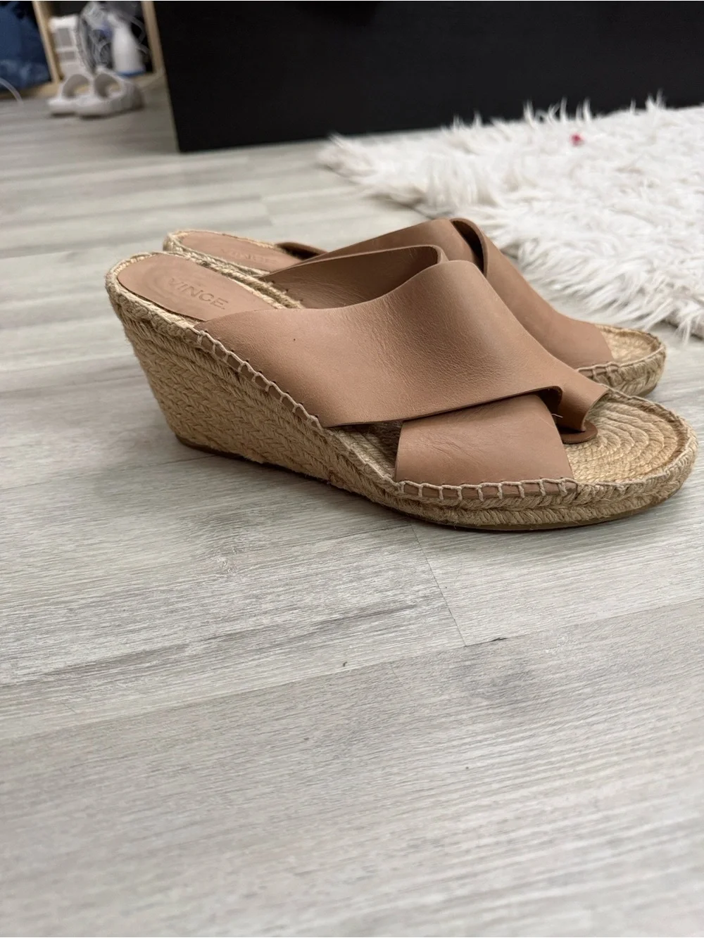Vince Tan Leather Wedge Sandals